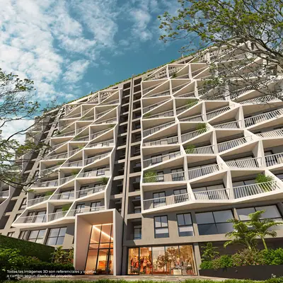 Fachada de Mondrian vista desde abajo, con sus balcones escalonados
