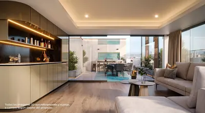 Salón social de Mondrian con cocina y terraza