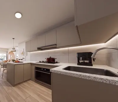 Cocina tipo kitchenette de un departamento de The Standard