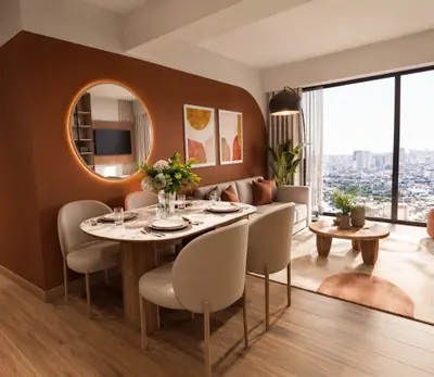 Sala comedor de un departamento de The Standard con balcón