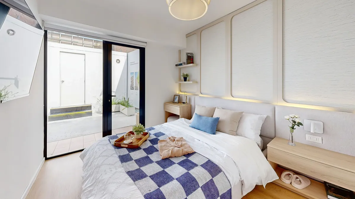 Dormitorio principal del departamento de 2 dormitorios de Park Harrison, GDC Inmobiliaria, San Miguel