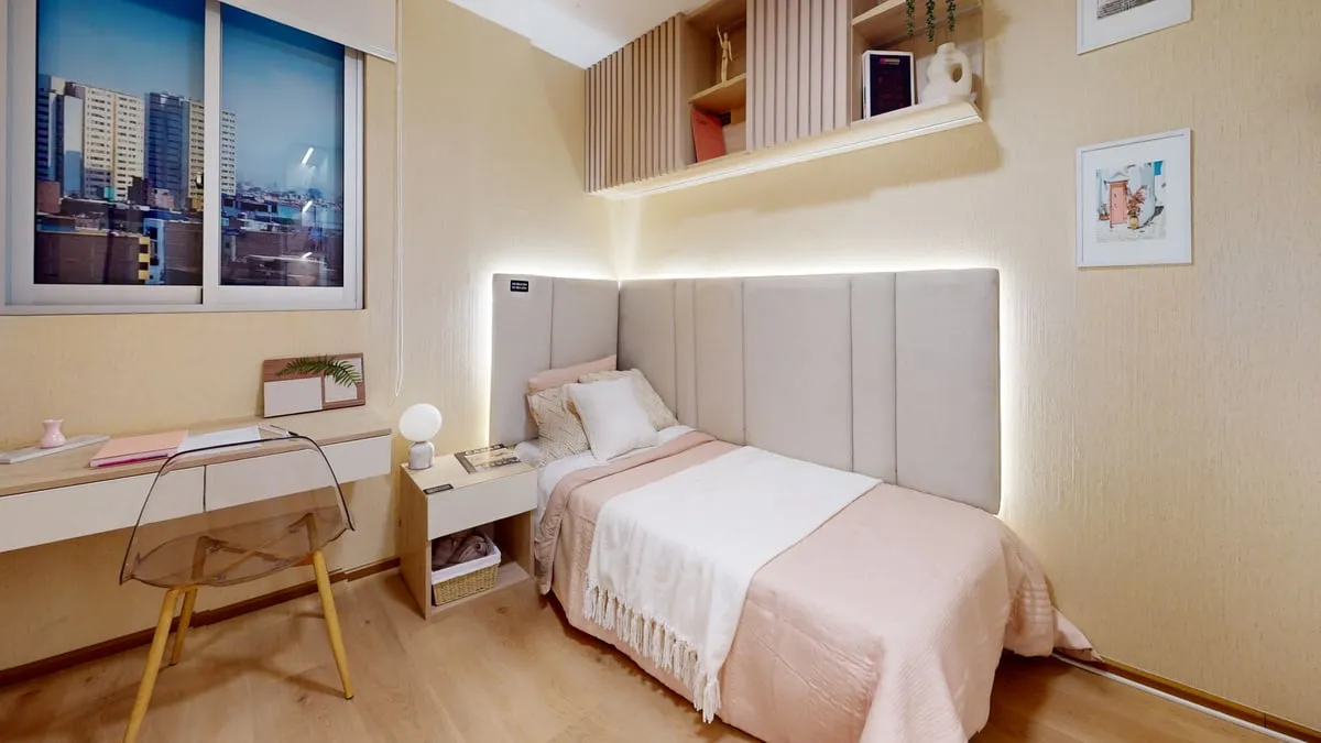 Dormitorio secundario del departamento piloto de Los Parques de Breña Club Residencial, VIVA, Breña