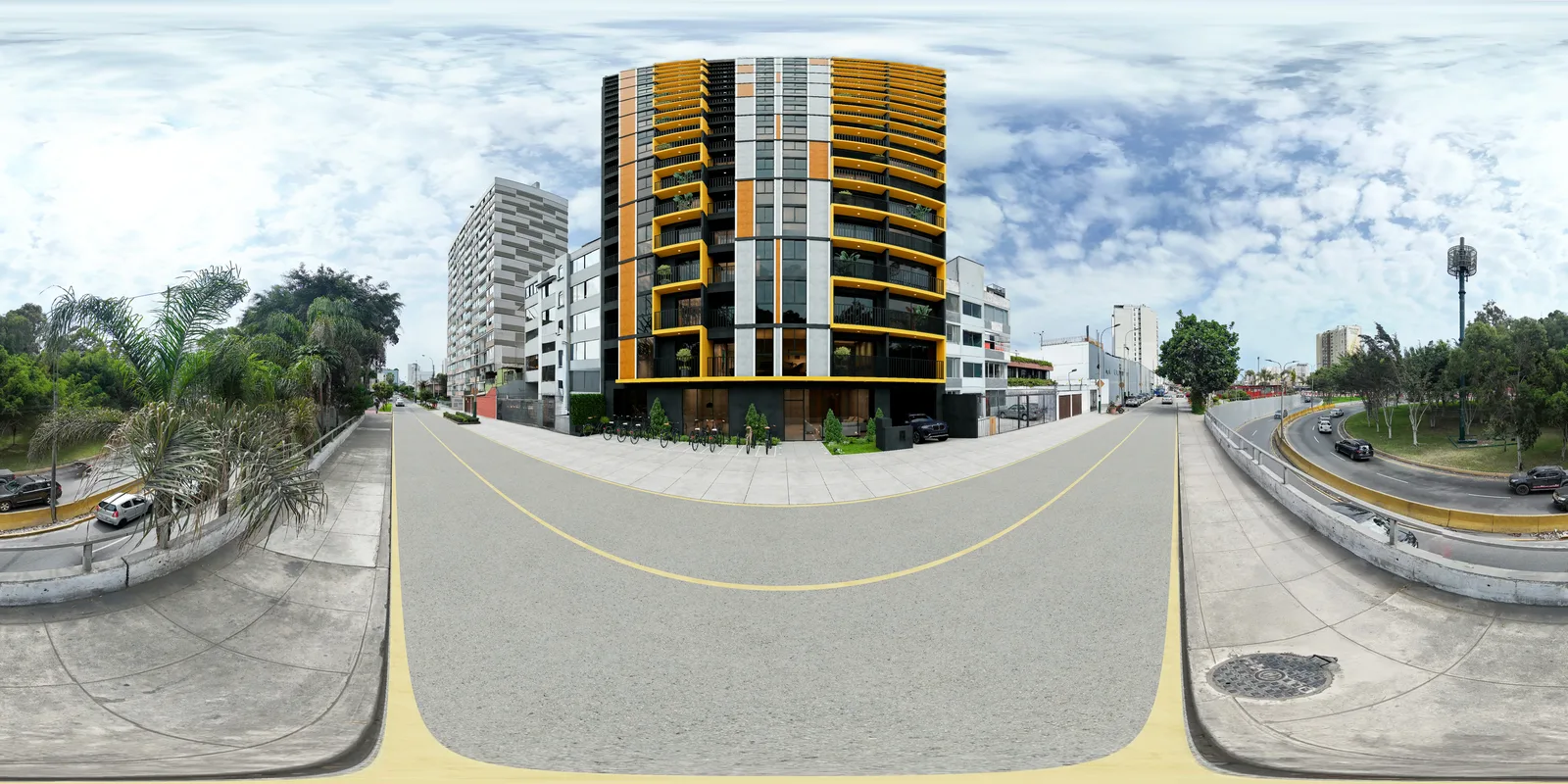 Vista aérea 360° de Vibrant, Albamar Grupo Inmobiliario: Fachada Ingreso, peatón